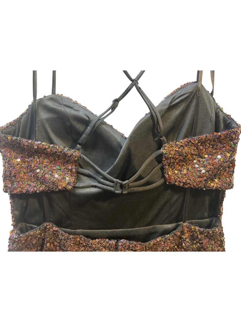 City studio Size 13/14 Sequin Bronze Mini Dress With Strappy Back & Side Slit - Picture 3 of 9
